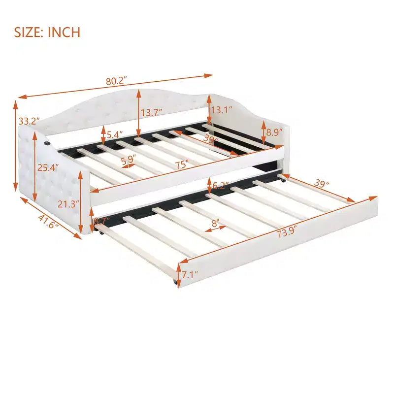 Lit de repos Zeus et Ruta double rembourré avec lit gigogne, canapé-lit en velours avec ports de charge USB