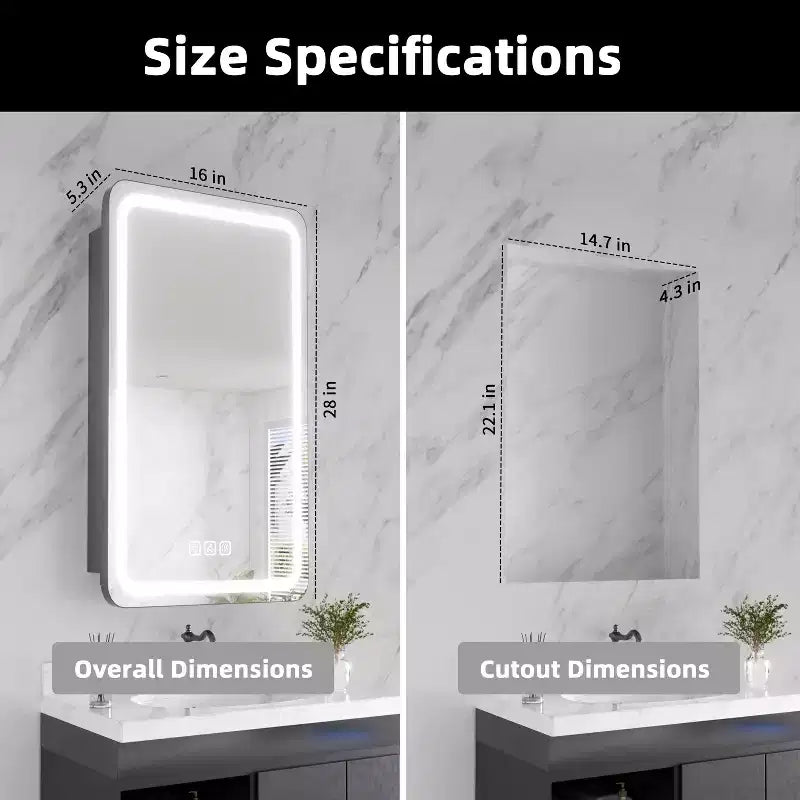 Meuble-lavabo rectangulaire en fer FAMYYT de 16 po de large x 28 po de haut avec miroir, lumière LED à intensité variable, anti-buée et prises de courant - Entièrement assemblé