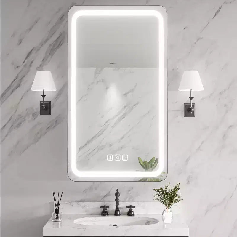 Meuble-lavabo rectangulaire en fer FAMYYT de 16 po de large x 28 po de haut avec miroir, lumière LED à intensité variable, anti-buée et prises de courant - Entièrement assemblé