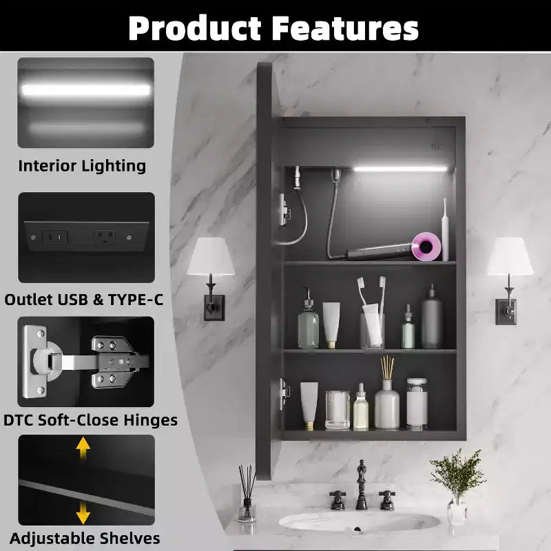 Meuble-lavabo rectangulaire en fer FAMYYT de 16 po de large x 28 po de haut avec miroir, lumière LED à intensité variable, anti-buée et prises de courant - Entièrement assemblé