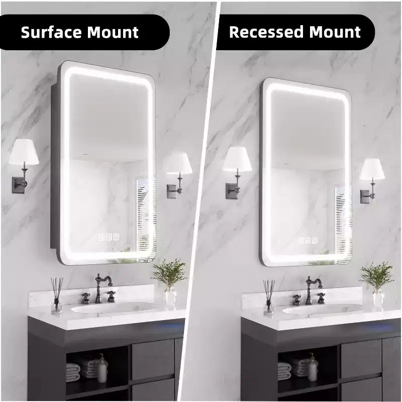 Meuble-lavabo rectangulaire en fer FAMYYT de 16 po de large x 28 po de haut avec miroir, lumière LED à intensité variable, anti-buée et prises de courant - Entièrement assemblé