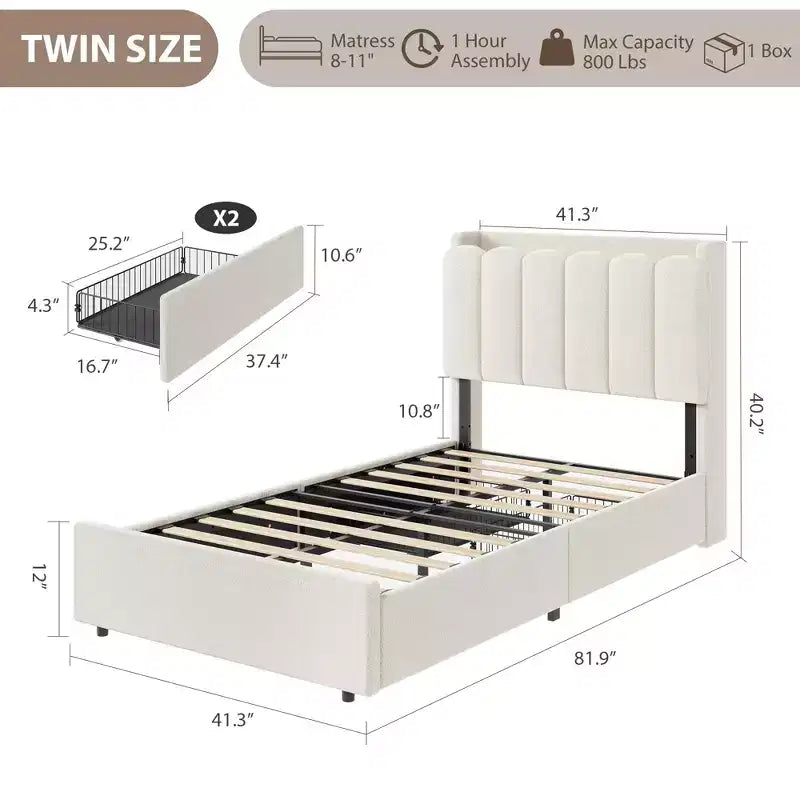 Cadre de lit Twin XL en bouclette avec tête de lit ondulée de rangement et bibliothèque à LED, lit enfant avec 2 tiroirs pour filles, sommier tapissier non requis