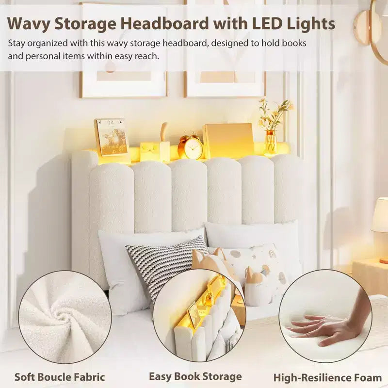 Cadre de lit Twin XL en bouclette avec tête de lit ondulée de rangement et bibliothèque à LED, lit enfant avec 2 tiroirs pour filles, sommier tapissier non requis