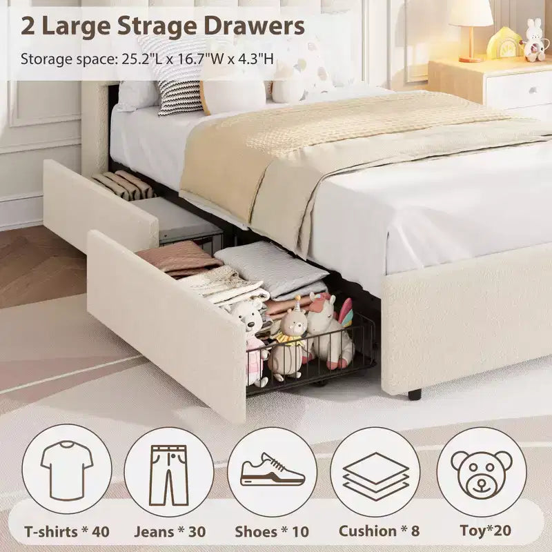 Cadre de lit Twin XL en bouclette avec tête de lit ondulée de rangement et bibliothèque à LED, lit enfant avec 2 tiroirs pour filles, sommier tapissier non requis