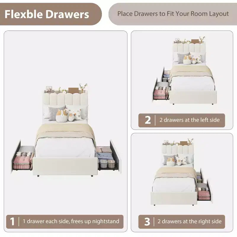 Cadre de lit Twin XL en bouclette avec tête de lit ondulée de rangement et bibliothèque à LED, lit enfant avec 2 tiroirs pour filles, sommier tapissier non requis