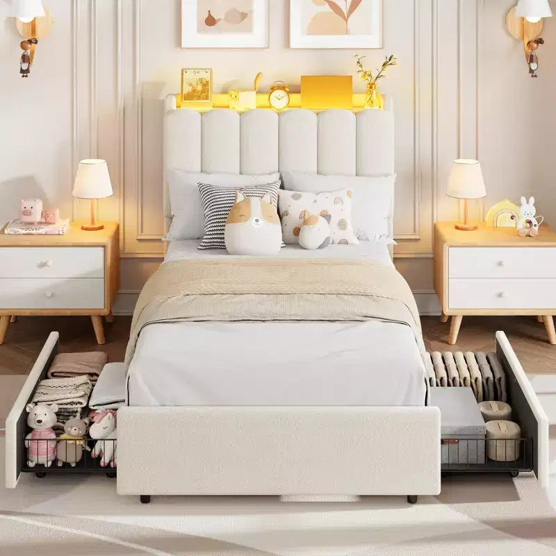 Cadre de lit Twin XL en bouclette avec tête de lit ondulée de rangement et bibliothèque à LED, lit enfant avec 2 tiroirs pour filles, sommier tapissier non requis