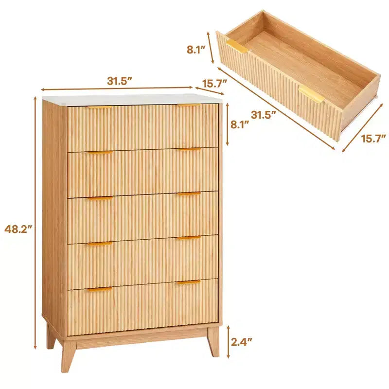 Commode haute élégante Tour de rangement avec design cannelé et accents dorés, Commode étroite pour Chambre, Entrée, Salle de bain