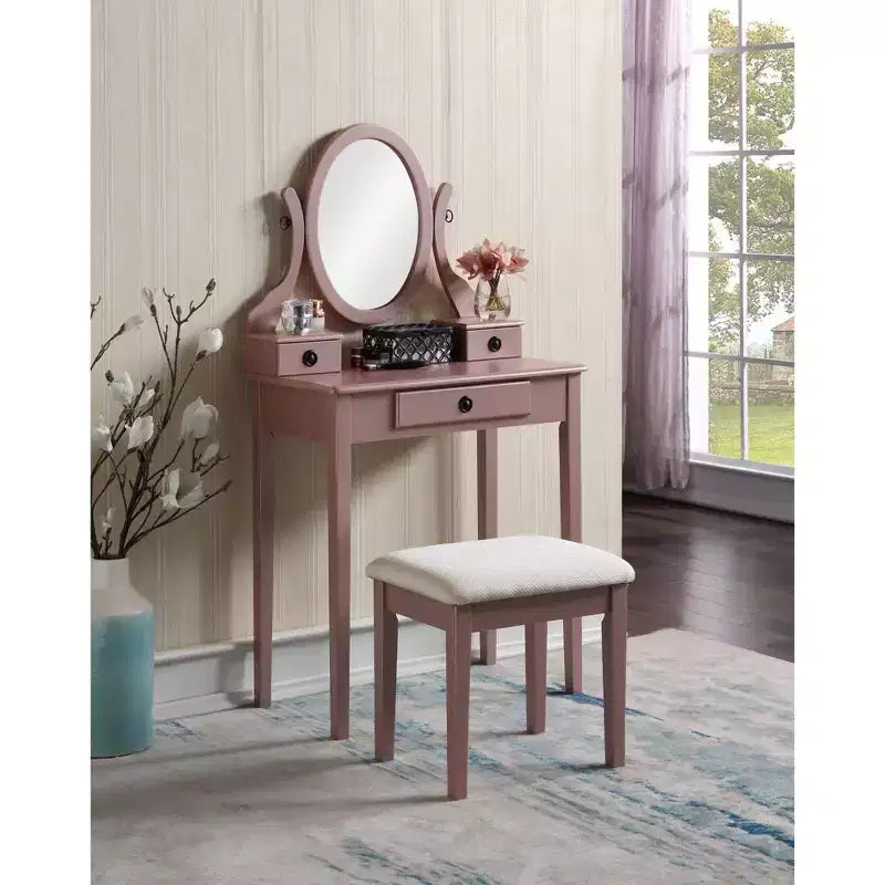 Contemporary Makeup Vanity Desk with Mirror, 3 Drawers, Matching Stool for Bedroom, Rose Gold Finish, Space-Saving Design