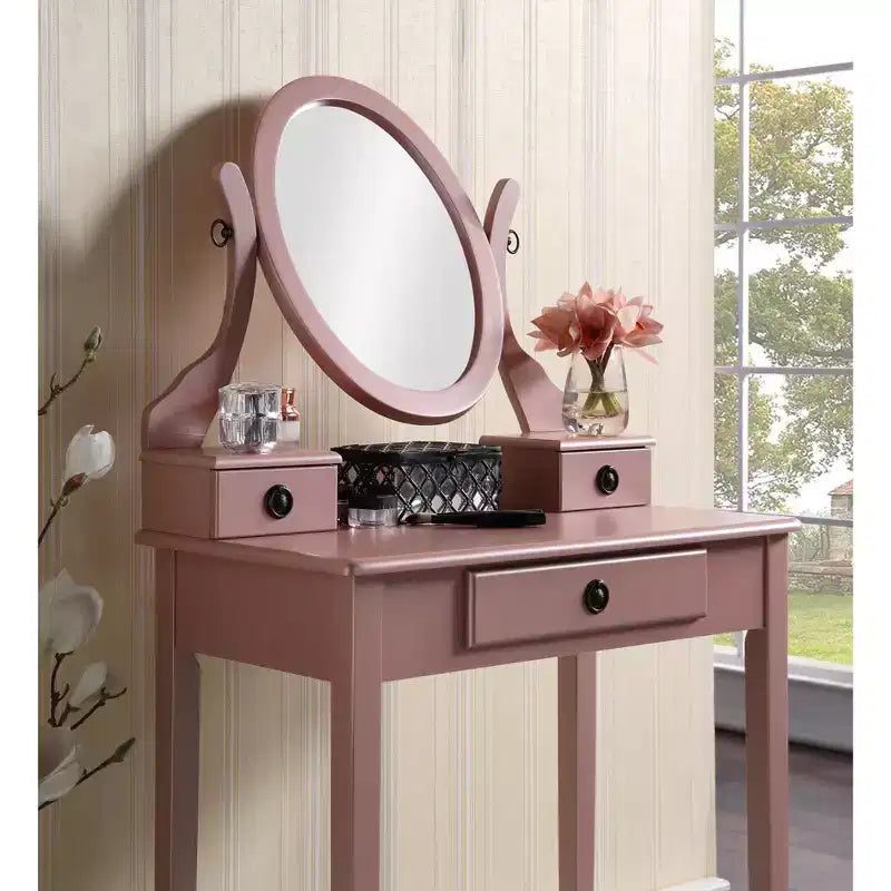 Coiffeuse contemporaine avec miroir, 3 tiroirs et tabouret assorti pour chambre à coucher, finition or rose, design compact