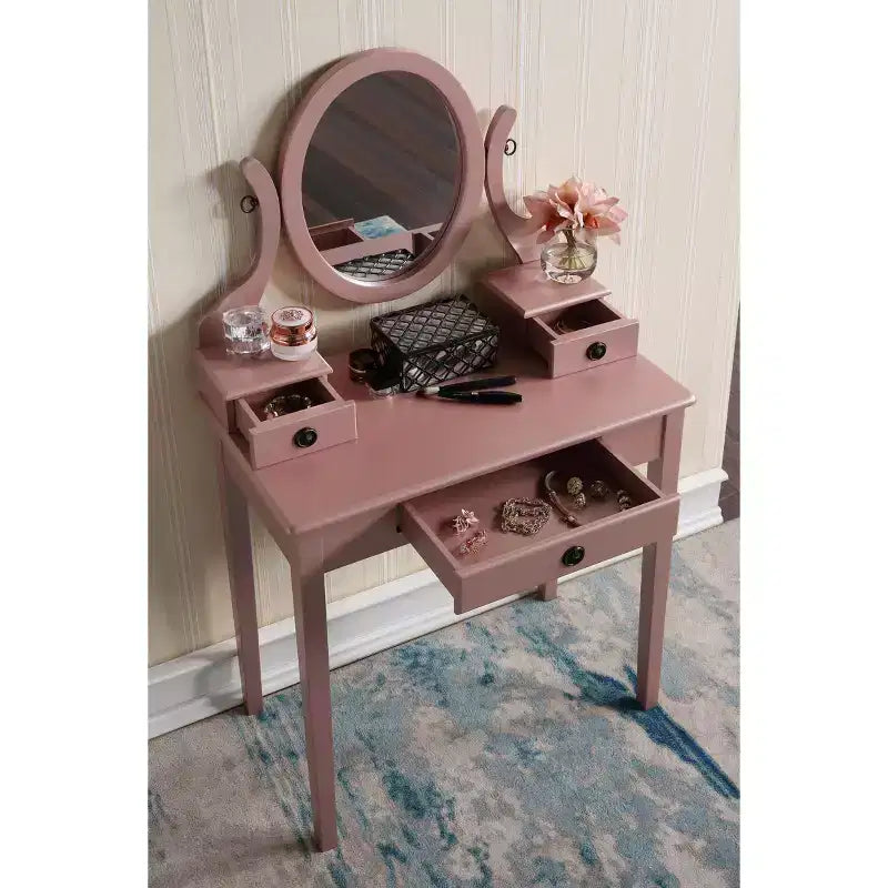 Coiffeuse contemporaine avec miroir, 3 tiroirs et tabouret assorti pour chambre à coucher, finition or rose, design compact