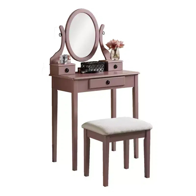 Coiffeuse contemporaine avec miroir, 3 tiroirs et tabouret assorti pour chambre à coucher, finition or rose, design compact