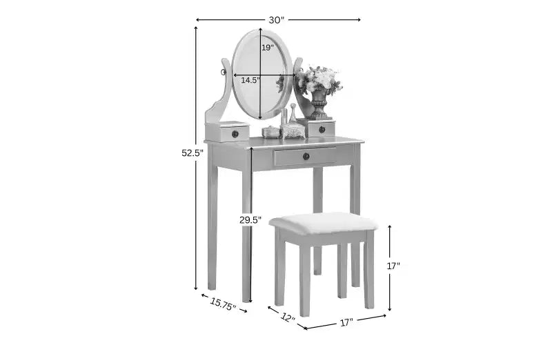 Coiffeuse contemporaine avec miroir, 3 tiroirs et tabouret assorti pour chambre à coucher, finition or rose, design compact