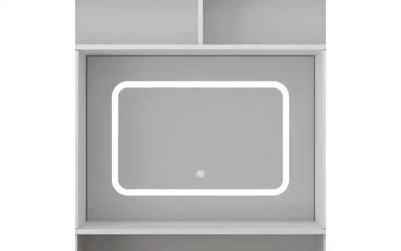 Coiffeuse de ferme de 43 pouces avec miroir éclairé, rangement organisé et support pour sèche-cheveux pour chambre à coucher, finition naturelle