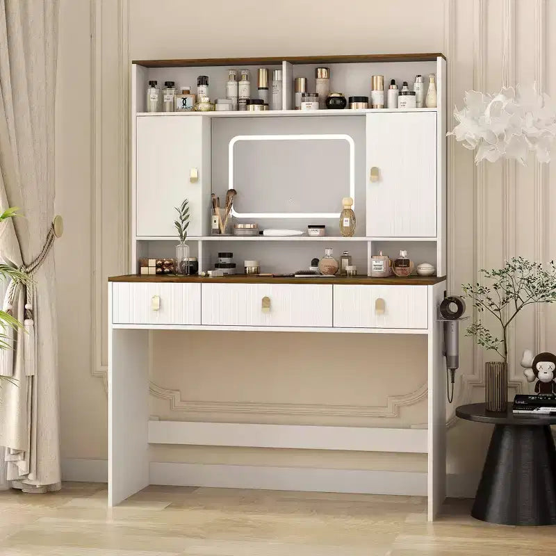 Coiffeuse de ferme de 43 pouces avec miroir éclairé, rangement organisé et support pour sèche-cheveux pour chambre à coucher, finition naturelle