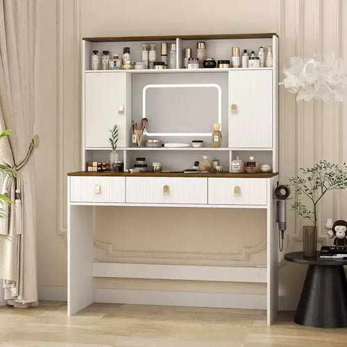 Coiffeuse de ferme de 43 pouces avec miroir éclairé, rangement organisé et support pour sèche-cheveux pour chambre à coucher, finition naturelle