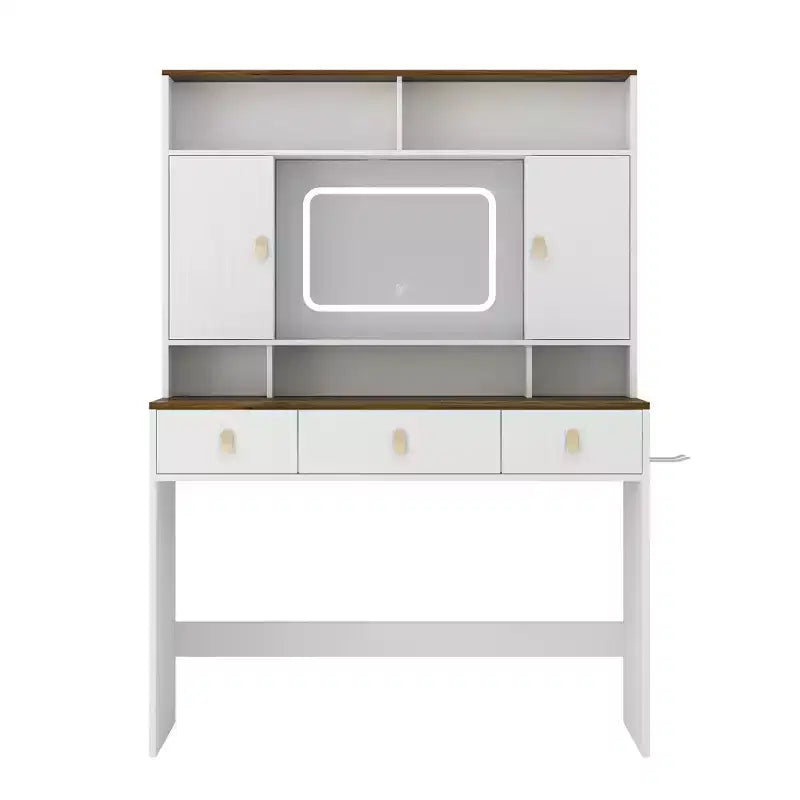 Coiffeuse de ferme de 43 pouces avec miroir éclairé, rangement organisé et support pour sèche-cheveux pour chambre à coucher, finition naturelle