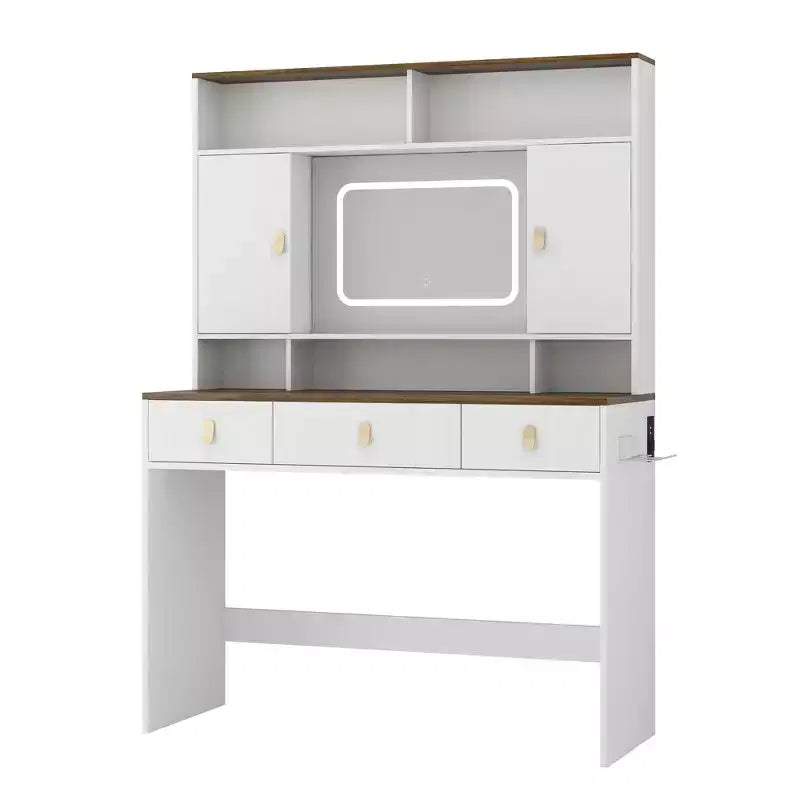 Coiffeuse de ferme de 43 pouces avec miroir éclairé, rangement organisé et support pour sèche-cheveux pour chambre à coucher, finition naturelle