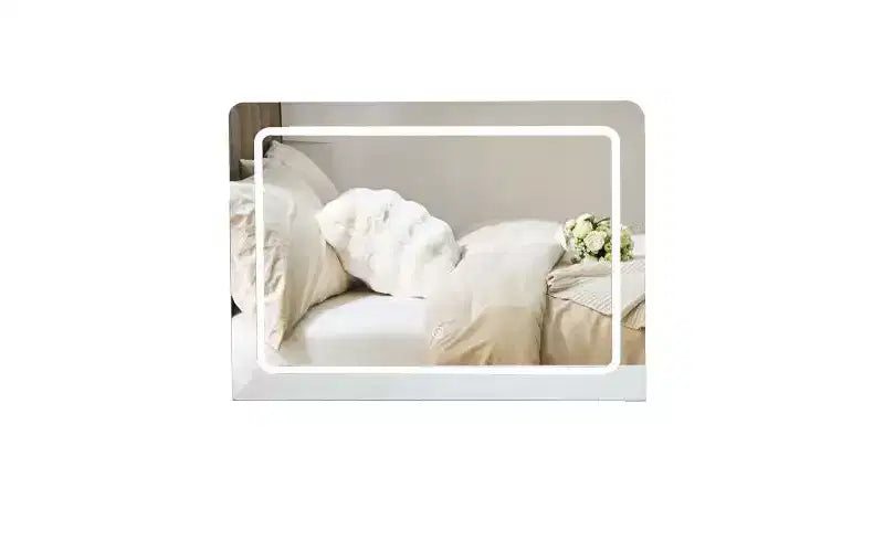 Coiffeuse d'angle moderne avec miroir éclairé, 4 tiroirs, armoire latérale, tabouret assorti et étagères ouvertes pour chambre à coucher