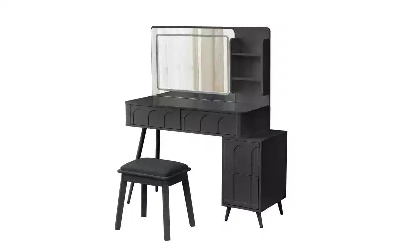 Coiffeuse d'angle moderne avec miroir éclairé, 4 tiroirs, armoire latérale, tabouret assorti et étagères ouvertes pour chambre à coucher