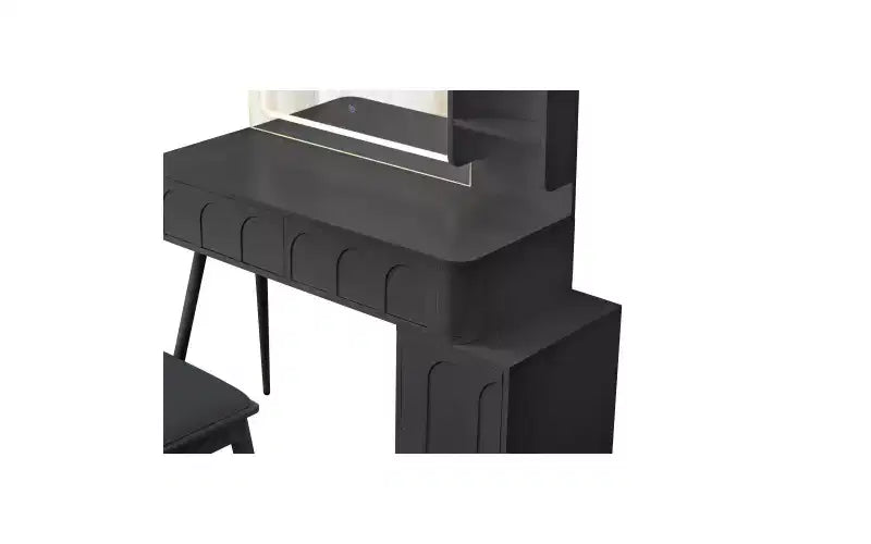 Coiffeuse d'angle moderne avec miroir éclairé, 4 tiroirs, armoire latérale, tabouret assorti et étagères ouvertes pour chambre à coucher