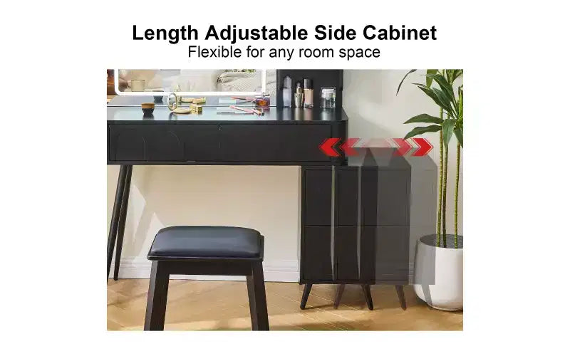 Coiffeuse d'angle moderne avec miroir éclairé, 4 tiroirs, armoire latérale, tabouret assorti et étagères ouvertes pour chambre à coucher