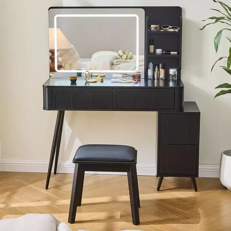 Coiffeuse d'angle moderne avec miroir éclairé, 4 tiroirs, armoire latérale, tabouret assorti et étagères ouvertes pour chambre à coucher