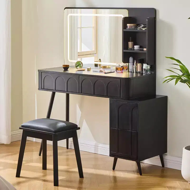 Coiffeuse d'angle moderne avec miroir éclairé, 4 tiroirs, armoire latérale, tabouret assorti et étagères ouvertes pour chambre à coucher