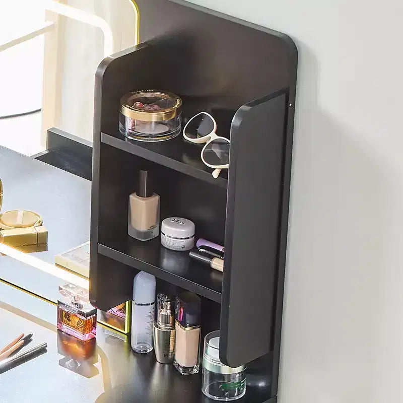 Coiffeuse d'angle moderne avec miroir éclairé, 4 tiroirs, armoire latérale, tabouret assorti et étagères ouvertes pour chambre à coucher