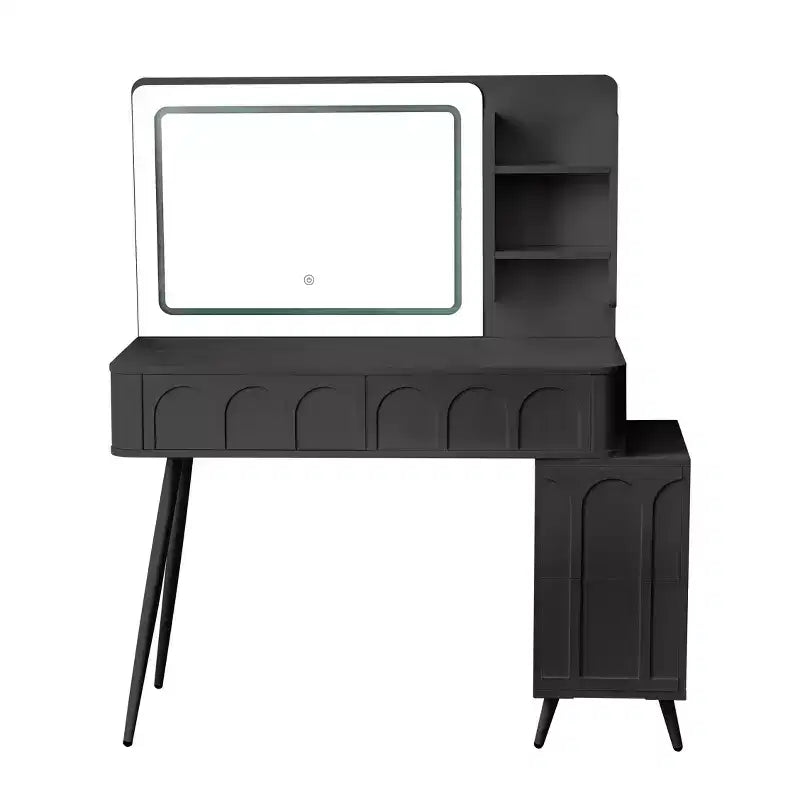 Coiffeuse d'angle moderne avec miroir éclairé, 4 tiroirs, armoire latérale, tabouret assorti et étagères ouvertes pour chambre à coucher