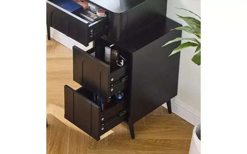 Coiffeuse d'angle moderne avec miroir éclairé, 4 tiroirs, armoire latérale, tabouret assorti et étagères ouvertes pour chambre à coucher