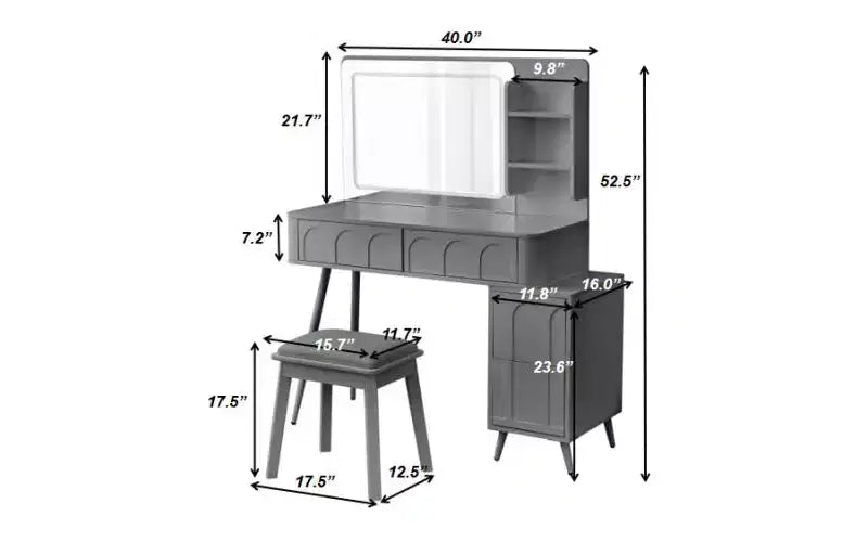 Coiffeuse d'angle moderne avec miroir éclairé, 4 tiroirs, armoire latérale, tabouret assorti et étagères ouvertes pour chambre à coucher