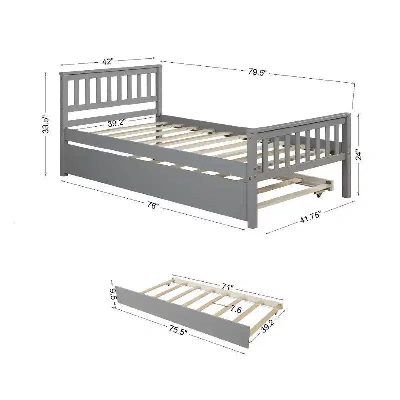 Lit jumeau Sailvan avec lit gigogne, cadre de lit plateforme en bois massif avec tête de lit, pas besoin de sommier tapissier