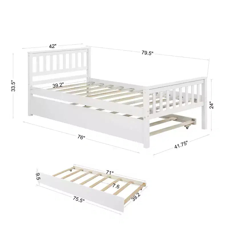 Lit jumeau Sailvan avec lit gigogne, cadre de lit plateforme en bois massif avec tête de lit, pas besoin de sommier tapissier