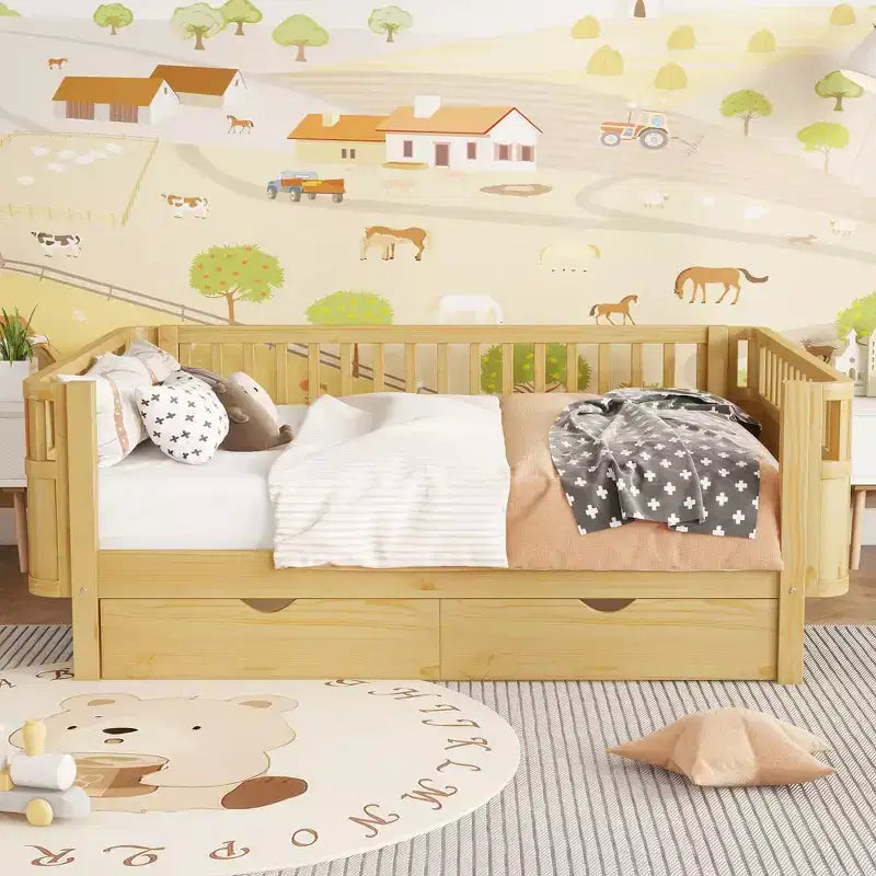 JVNOXK Lit plate-forme en bois pleine grandeur pour enfants, lit simple bas en bois avec barrières de sécurité pour filles et garçons, naturel