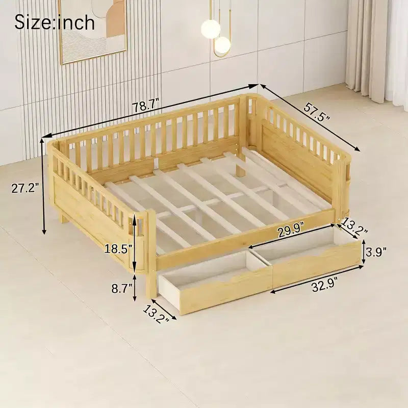 JVNOXK Lit plate-forme en bois pleine grandeur pour enfants, lit simple bas en bois avec barrières de sécurité pour filles et garçons, naturel