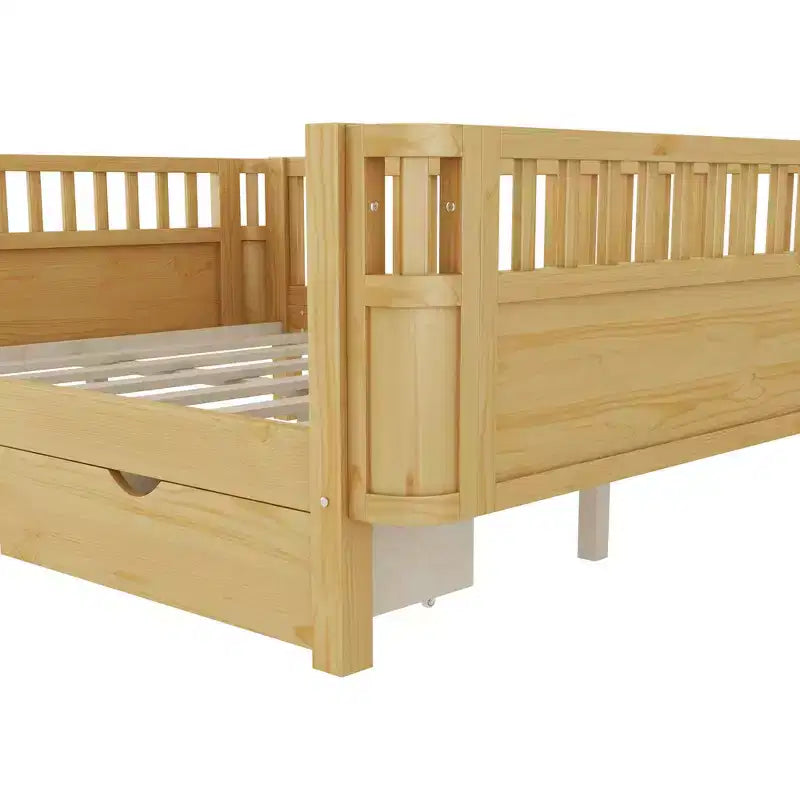 JVNOXK Lit plate-forme en bois pleine grandeur pour enfants, lit simple bas en bois avec barrières de sécurité pour filles et garçons, naturel