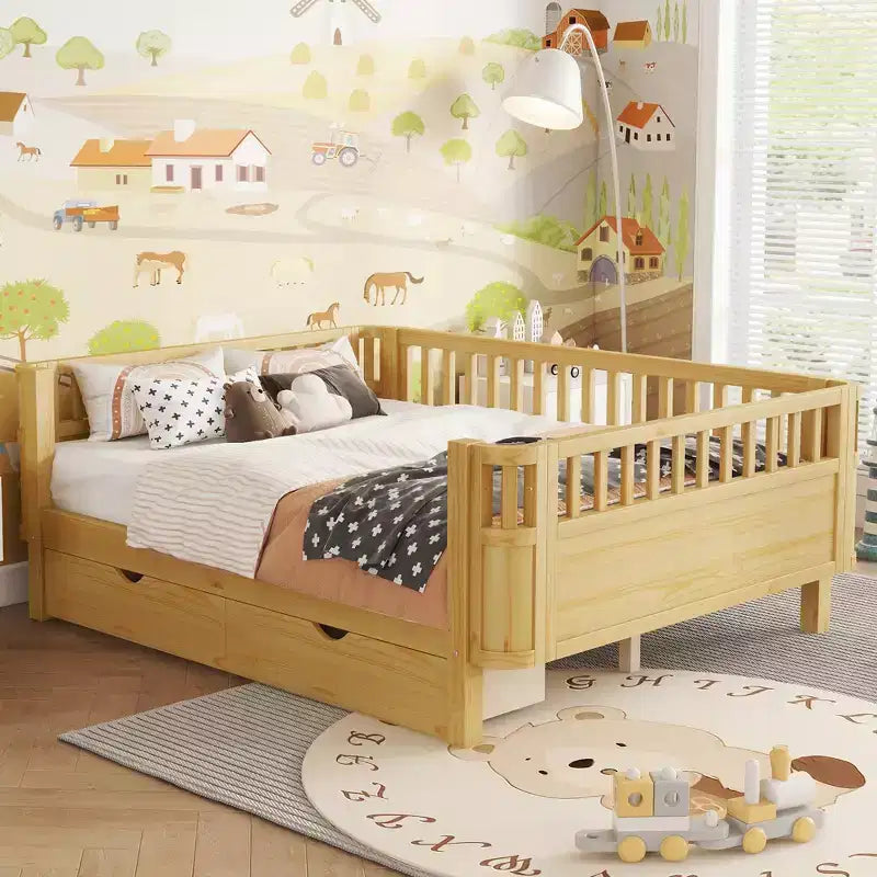 JVNOXK Lit plate-forme en bois pleine grandeur pour enfants, lit simple bas en bois avec barrières de sécurité pour filles et garçons, naturel