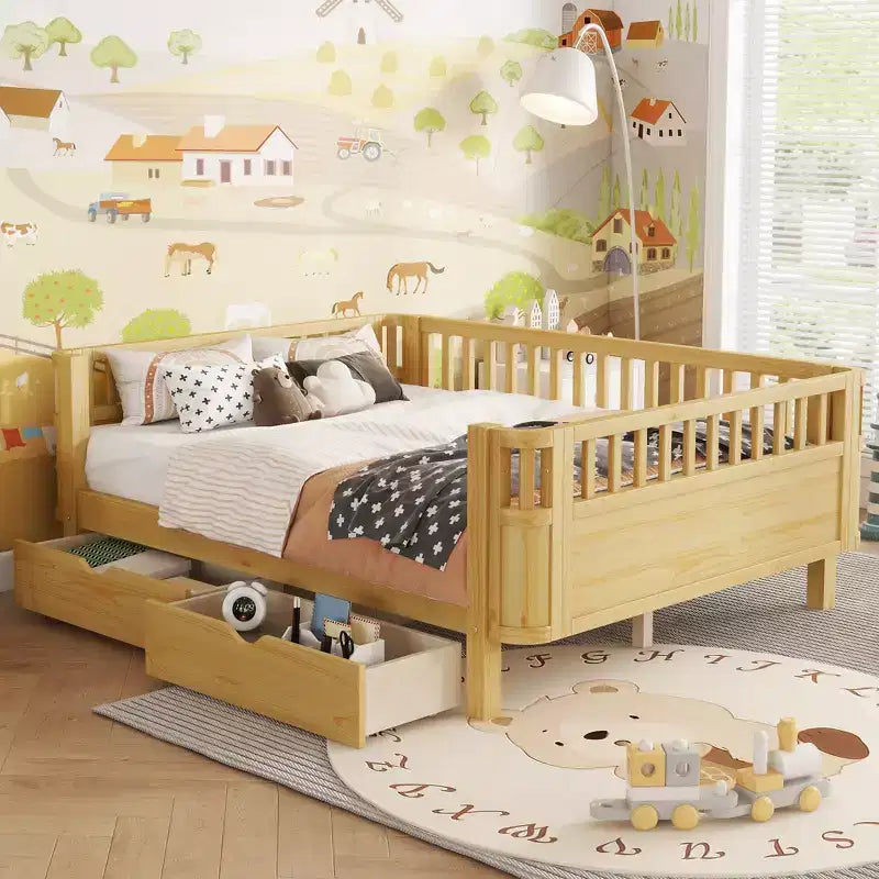 JVNOXK Lit plate-forme en bois pleine grandeur pour enfants, lit simple bas en bois avec barrières de sécurité pour filles et garçons, naturel