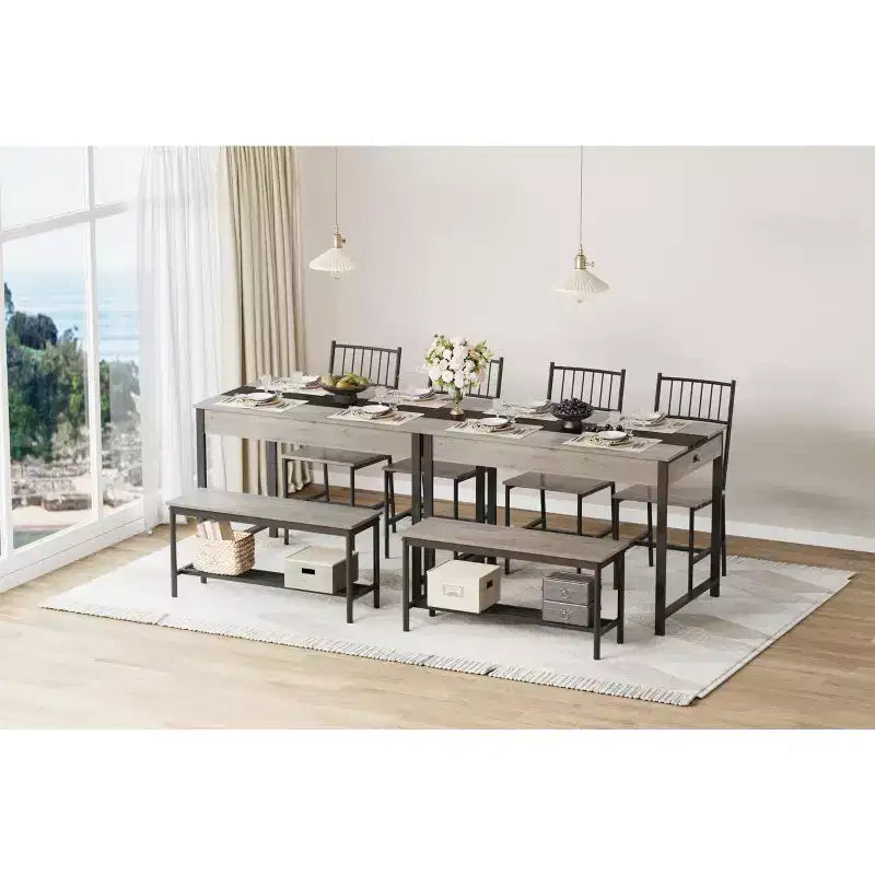 Ensemble de salle à manger 4 pièces, table de cuisine rectangulaire avec 2 chaises et 1 banc, tiroirs double face, parfait pour la salle à manger, la chambre, la cuisine, le restaurant, le jardin