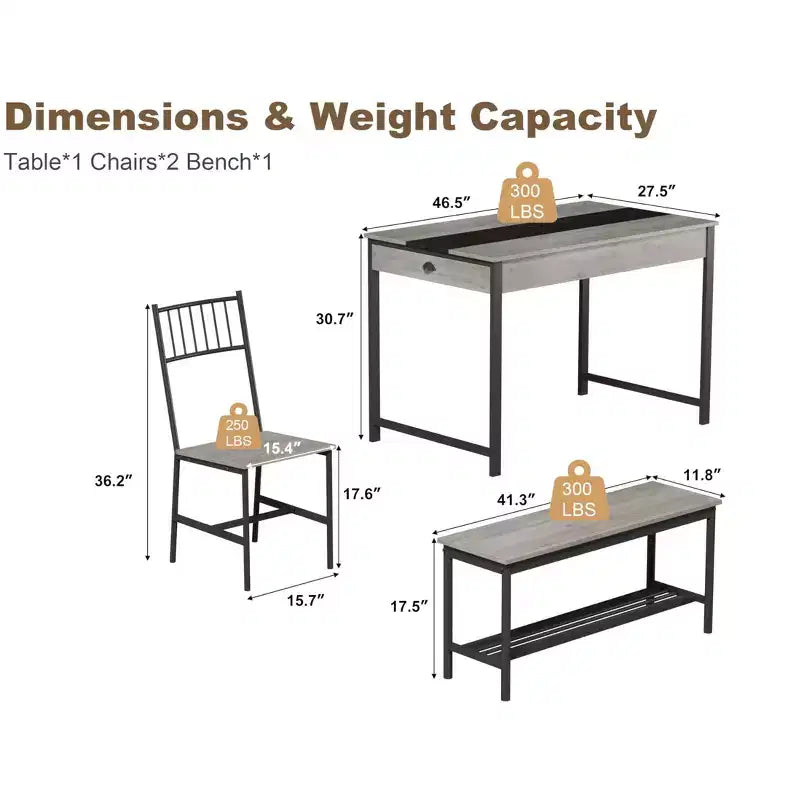 Ensemble de salle à manger 4 pièces, table de cuisine rectangulaire avec 2 chaises et 1 banc, tiroirs double face, parfait pour la salle à manger, la chambre, la cuisine, le restaurant, le jardin