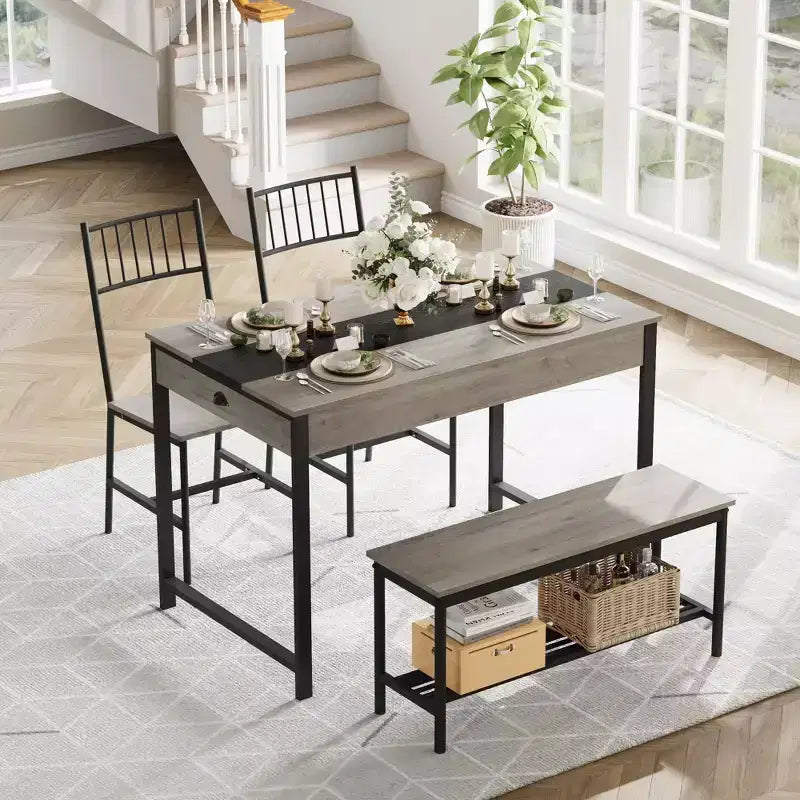 Ensemble de salle à manger 4 pièces, table de cuisine rectangulaire avec 2 chaises et 1 banc, tiroirs double face, parfait pour la salle à manger, la chambre, la cuisine, le restaurant, le jardin
