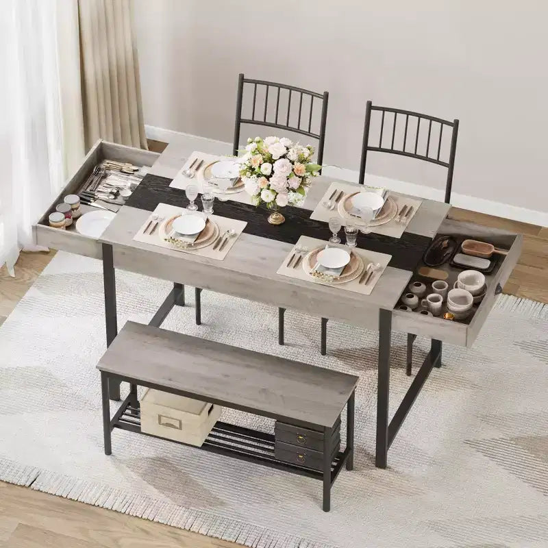 Ensemble de salle à manger 4 pièces, table de cuisine rectangulaire avec 2 chaises et 1 banc, tiroirs double face, parfait pour la salle à manger, la chambre, la cuisine, le restaurant, le jardin