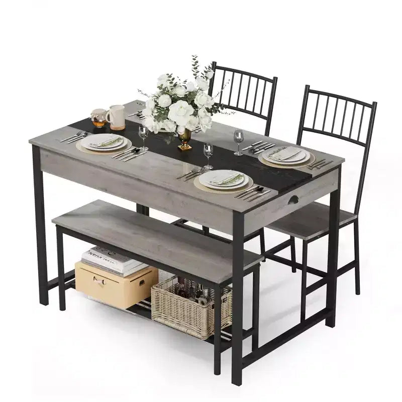 Ensemble de salle à manger 4 pièces, table de cuisine rectangulaire avec 2 chaises et 1 banc, tiroirs double face, parfait pour la salle à manger, la chambre, la cuisine, le restaurant, le jardin