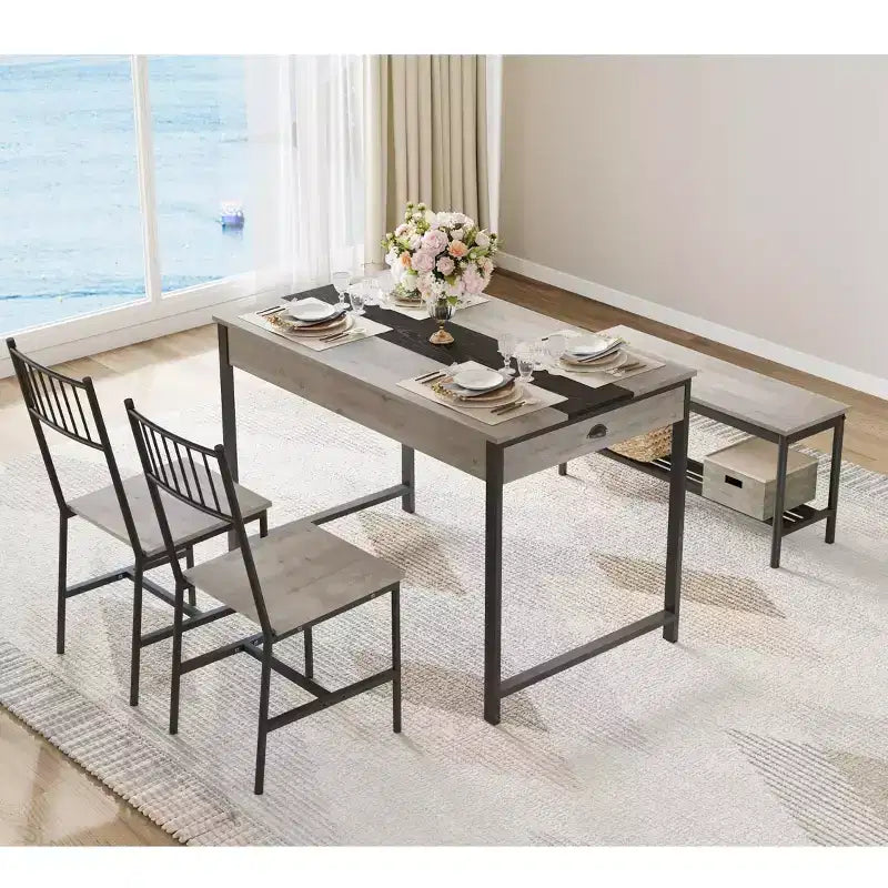 Ensemble de salle à manger 4 pièces, table de cuisine rectangulaire avec 2 chaises et 1 banc, tiroirs double face, parfait pour la salle à manger, la chambre, la cuisine, le restaurant, le jardin