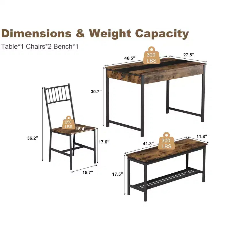 Ensemble de salle à manger 4 pièces, table de cuisine rectangulaire avec 2 chaises et 1 banc, tiroirs double face, parfait pour la salle à manger, la chambre, la cuisine, le restaurant, le jardin