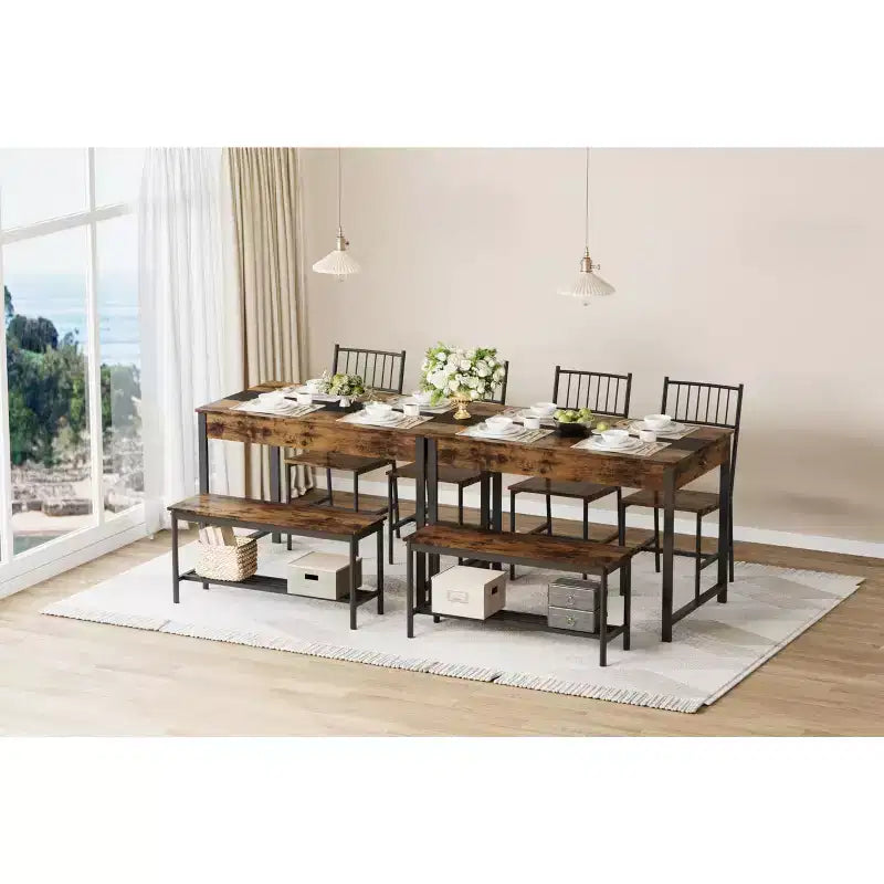Ensemble de salle à manger 4 pièces, table de cuisine rectangulaire avec 2 chaises et 1 banc, tiroirs double face, parfait pour la salle à manger, la chambre, la cuisine, le restaurant, le jardin