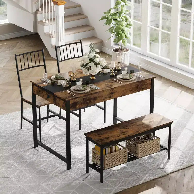 Ensemble de salle à manger 4 pièces, table de cuisine rectangulaire avec 2 chaises et 1 banc, tiroirs double face, parfait pour la salle à manger, la chambre, la cuisine, le restaurant, le jardin