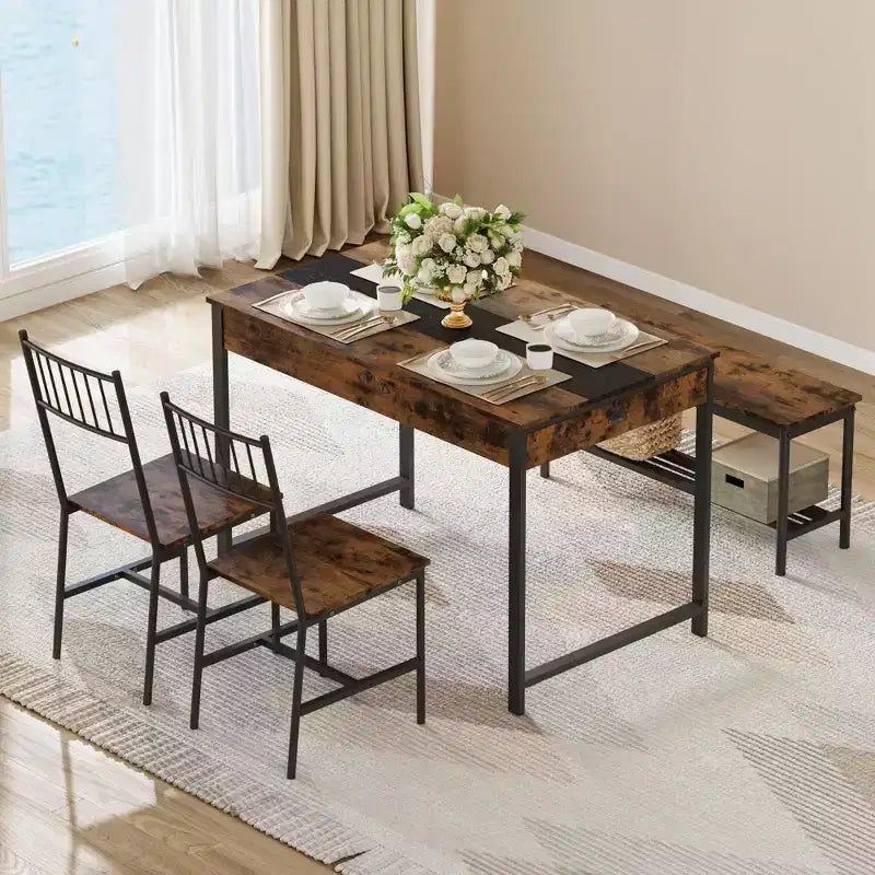 Ensemble de salle à manger 4 pièces, table de cuisine rectangulaire avec 2 chaises et 1 banc, tiroirs double face, parfait pour la salle à manger, la chambre, la cuisine, le restaurant, le jardin