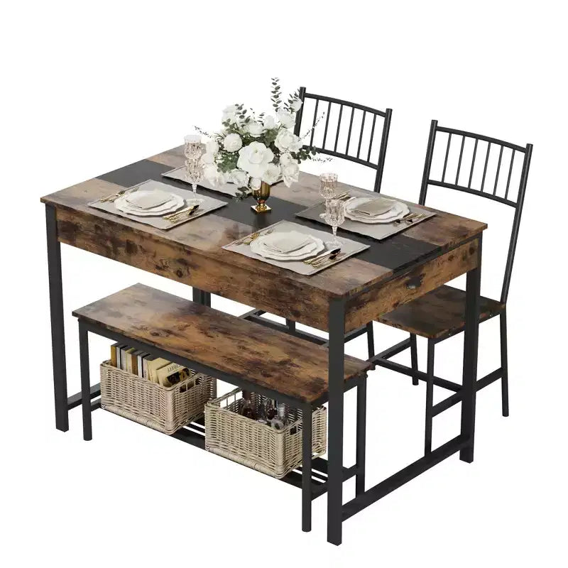Ensemble de salle à manger 4 pièces, table de cuisine rectangulaire avec 2 chaises et 1 banc, tiroirs double face, parfait pour la salle à manger, la chambre, la cuisine, le restaurant, le jardin