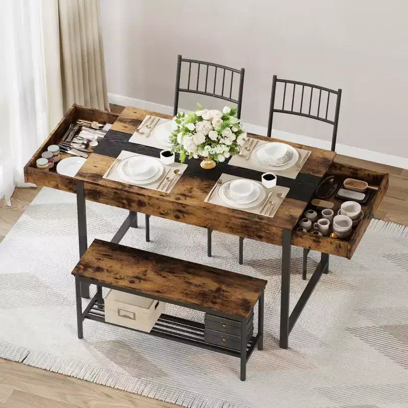 Ensemble de salle à manger 4 pièces, table de cuisine rectangulaire avec 2 chaises et 1 banc, tiroirs double face, parfait pour la salle à manger, la chambre, la cuisine, le restaurant, le jardin